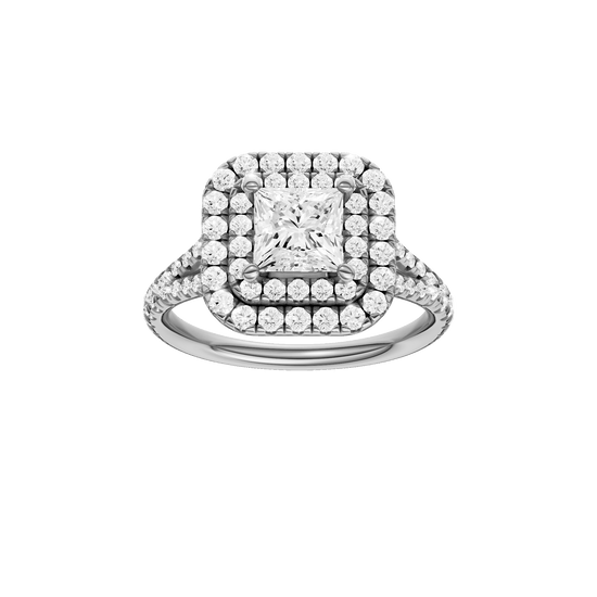 Princess-cut diamond engagement ring with a prong-set diamond band and double-halo setting.