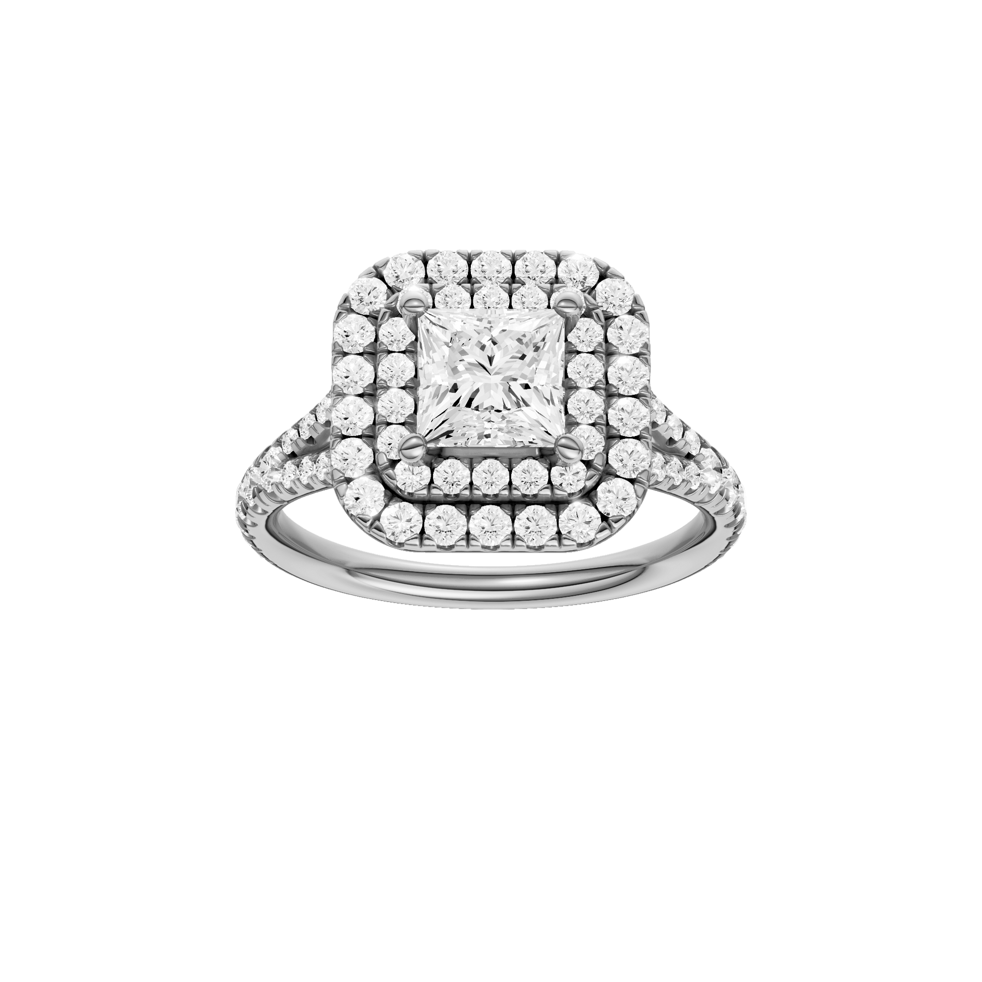 Princess-cut diamond engagement ring with a prong-set diamond band and double-halo setting.