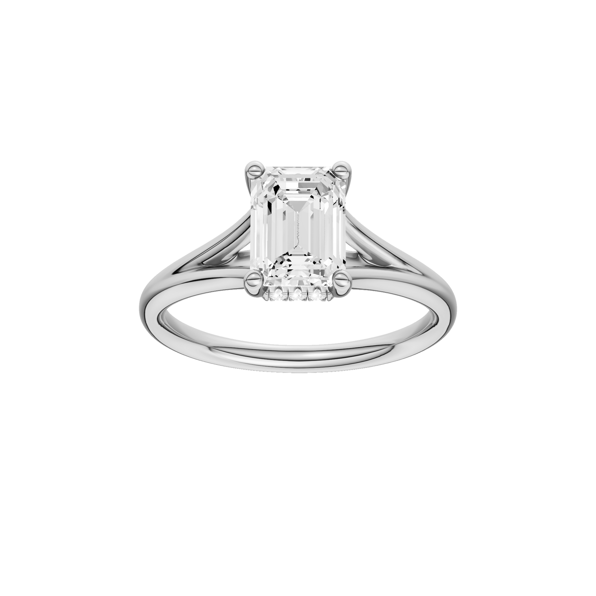 Emerald-cut diamond engagement ring with a plain band and hidden-halo setting.