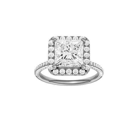 Princess-cut diamond engagement ring with a pavé-set diamond band and halo setting.