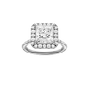 Princess-cut diamond engagement ring with a pavé-set diamond band and halo setting.