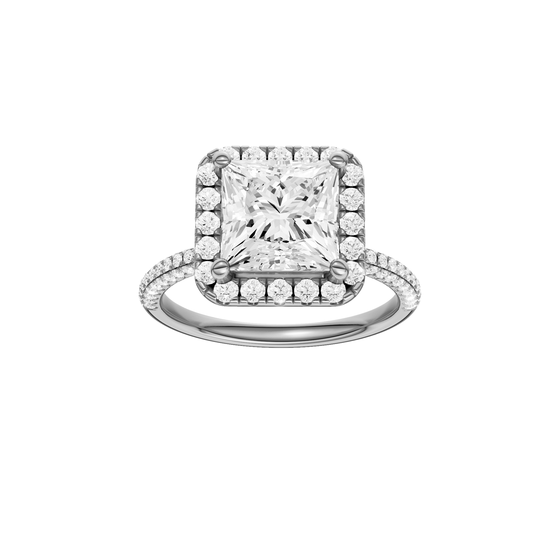 Princess-cut diamond engagement ring with a pavé-set diamond band and halo setting.
