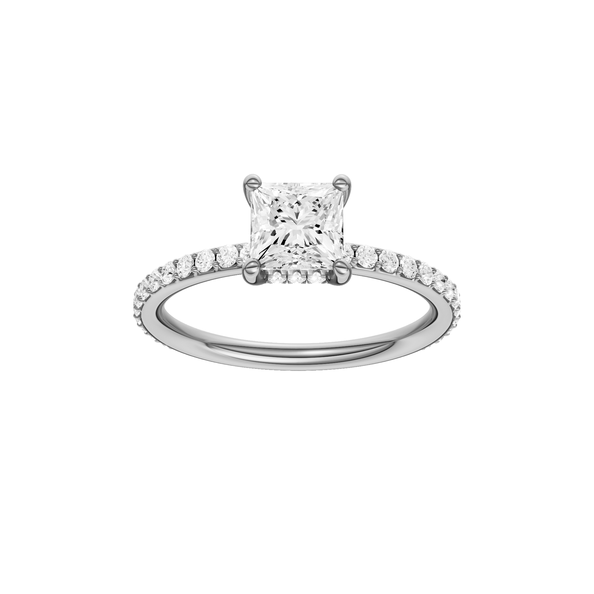 Princess-cut diamond engagement ring with a prong-set diamond band and hidden-halo setting.