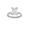 Emerald-cut diamond engagement ring with a channel-set diamond band and solitaire setting.