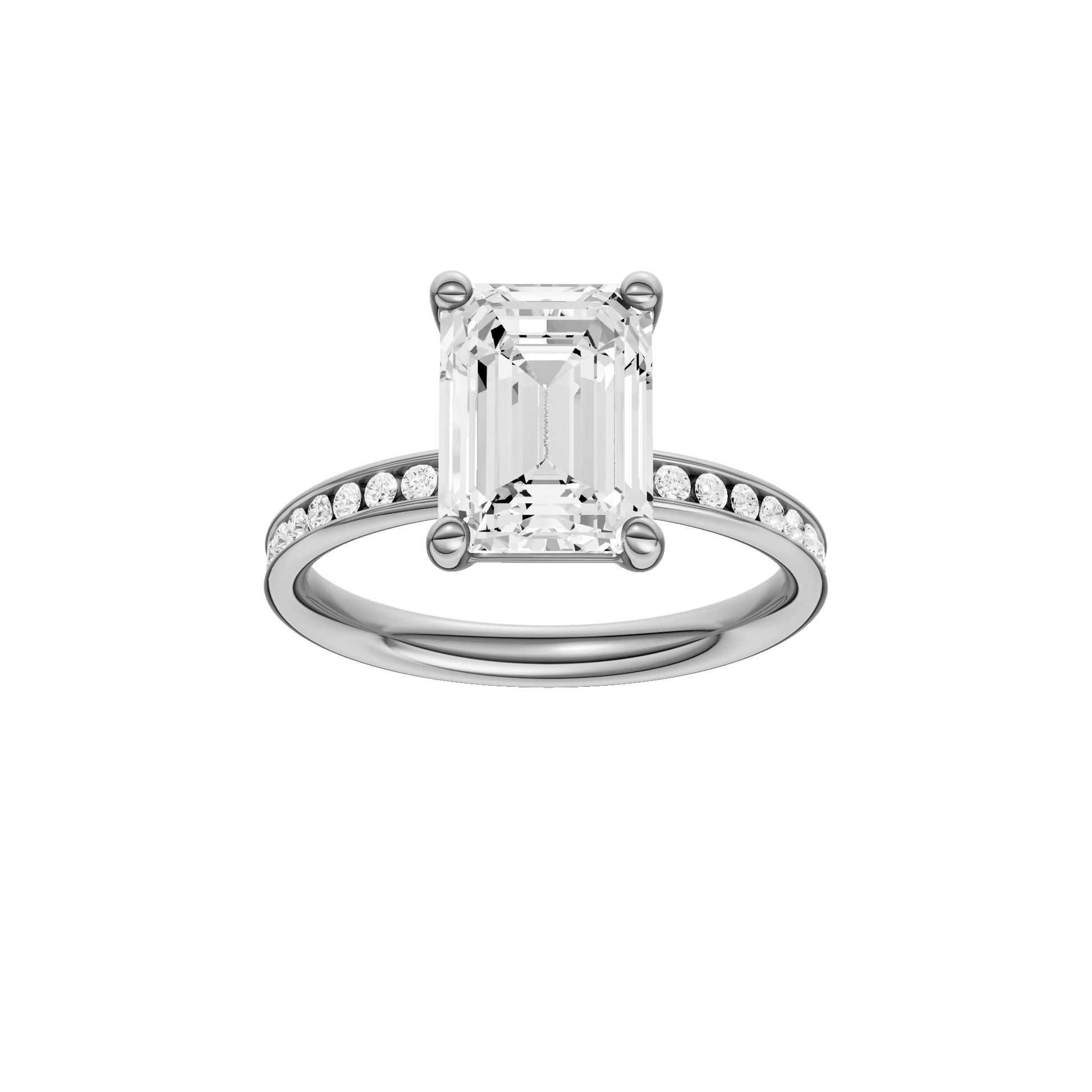Emerald-cut diamond engagement ring with a channel-set diamond band and solitaire setting.