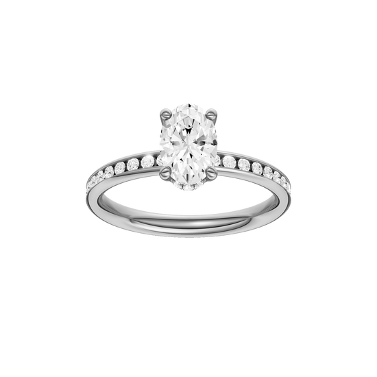 Oval-cut diamond engagement ring with a channel-set diamond band and hidden-halo setting.