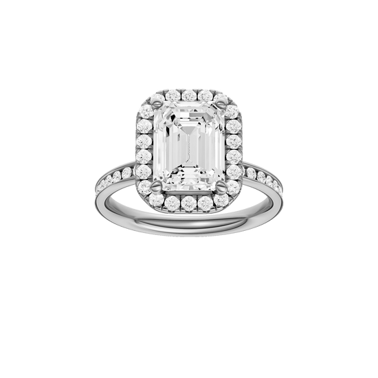 Emerald-cut diamond engagement ring with a channel-set diamond band and halo setting.