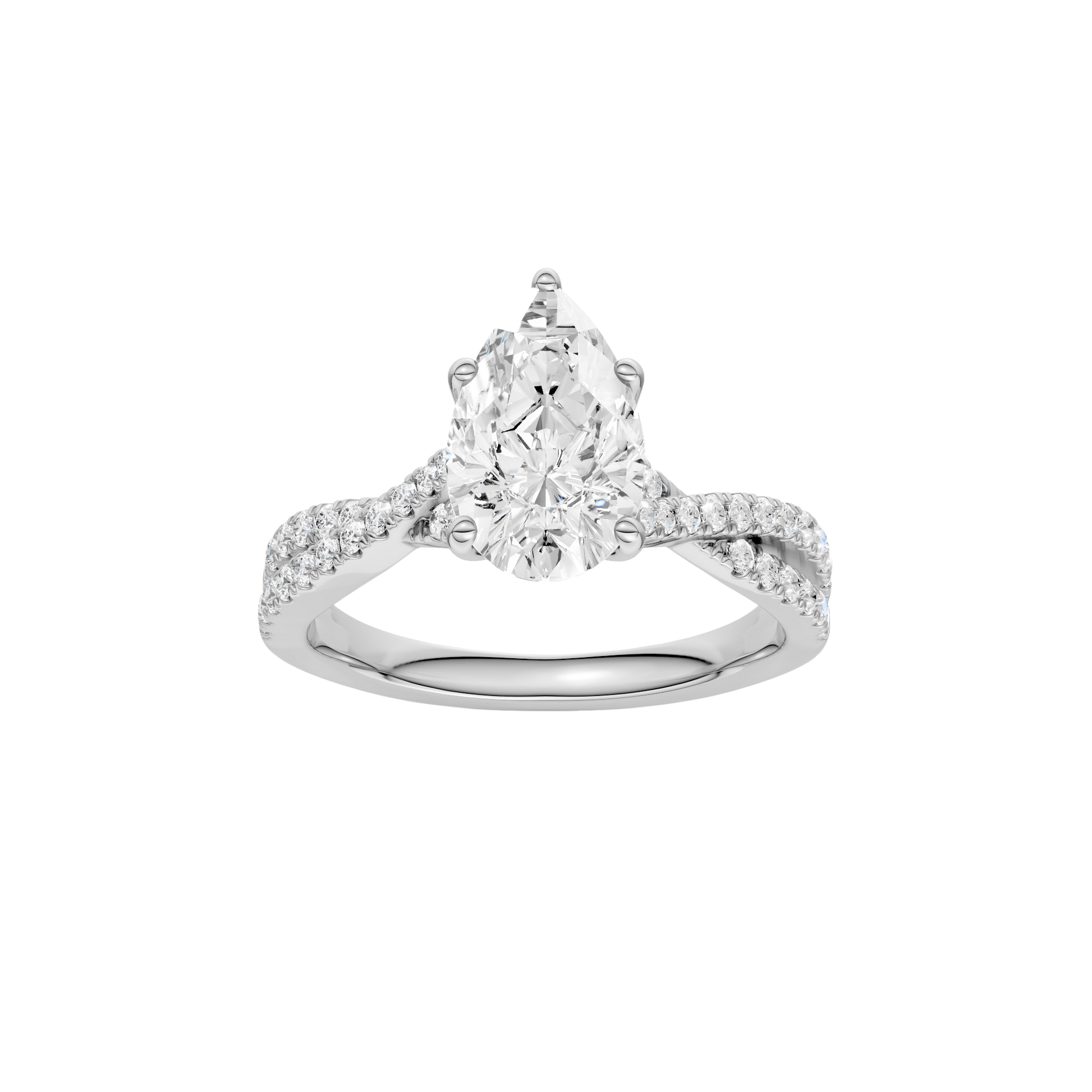 Pear-cut diamond engagement ring in 14k white gold with a prong-set diamond band and twist setting