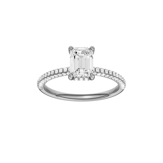 Emerald-cut diamond engagement ring with a pavé-set diamond band and hidden-halo setting.