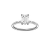 Emerald-cut diamond engagement ring with a pavé-set diamond band and hidden-halo setting.