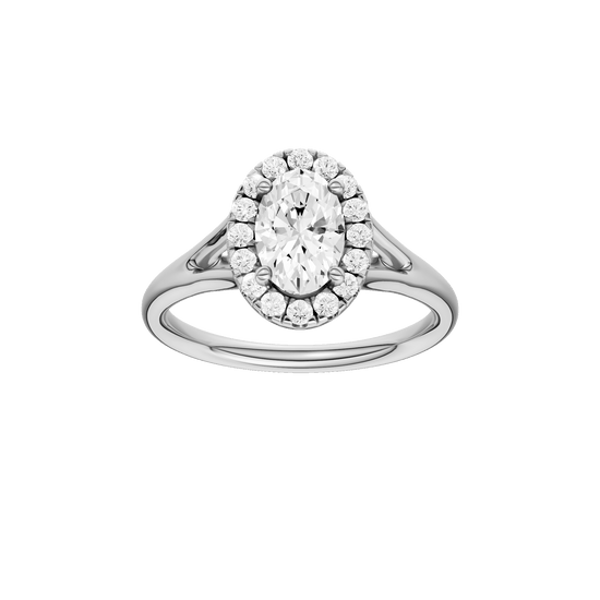 Oval-cut diamond engagement ring with a plain band and halo setting.