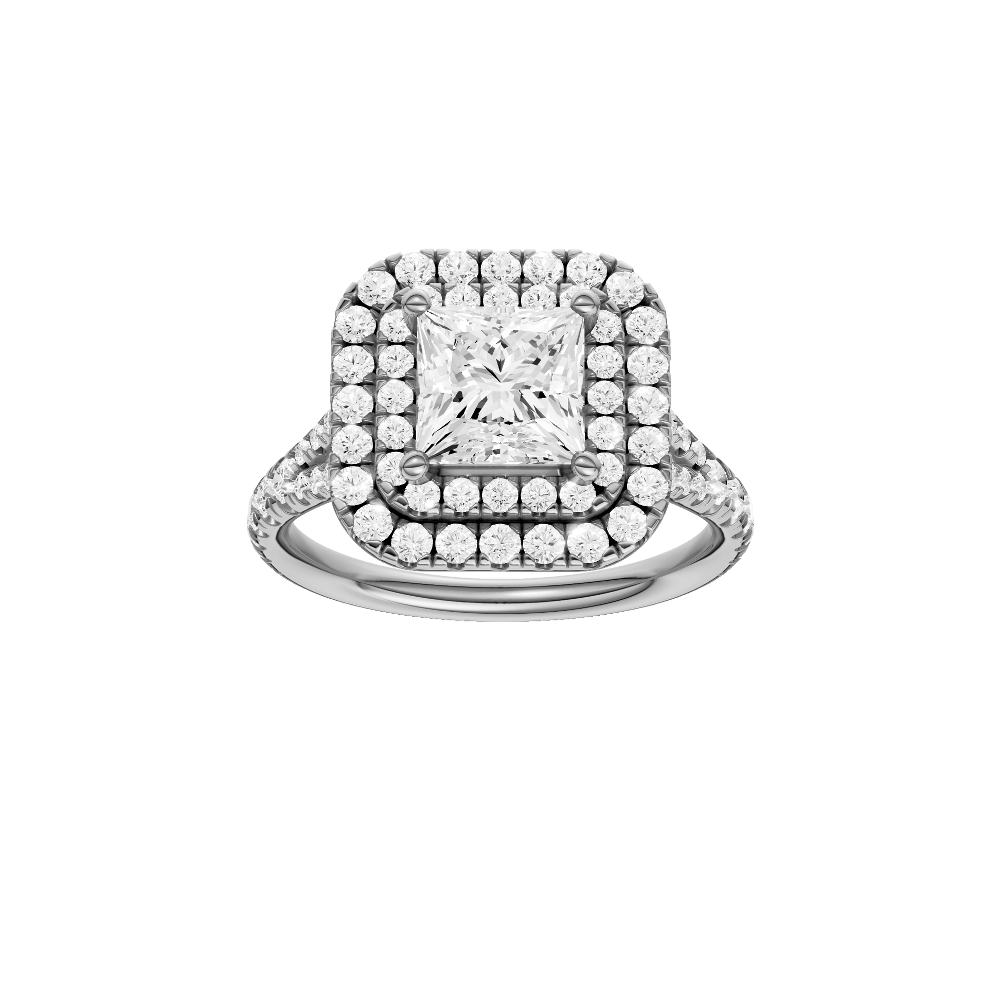 Princess-cut diamond engagement ring with a prong-set diamond band and double-halo setting.