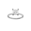 Princess-cut diamond engagement ring with a prong-set diamond band and hidden-halo setting.