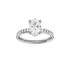 Oval-cut diamond engagement ring with a channel-set diamond band and hidden-halo setting.