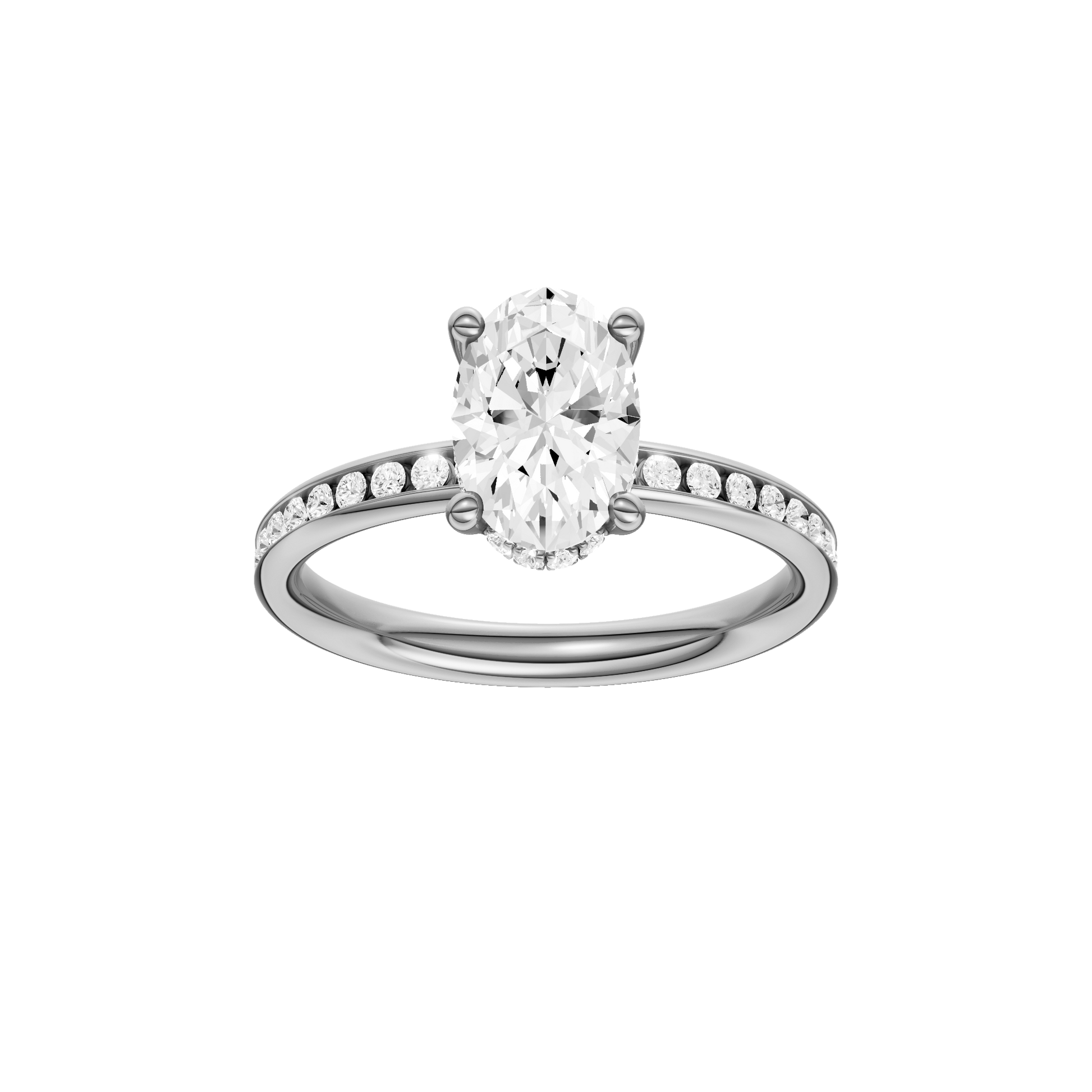 Oval-cut diamond engagement ring with a channel-set diamond band and hidden-halo setting.