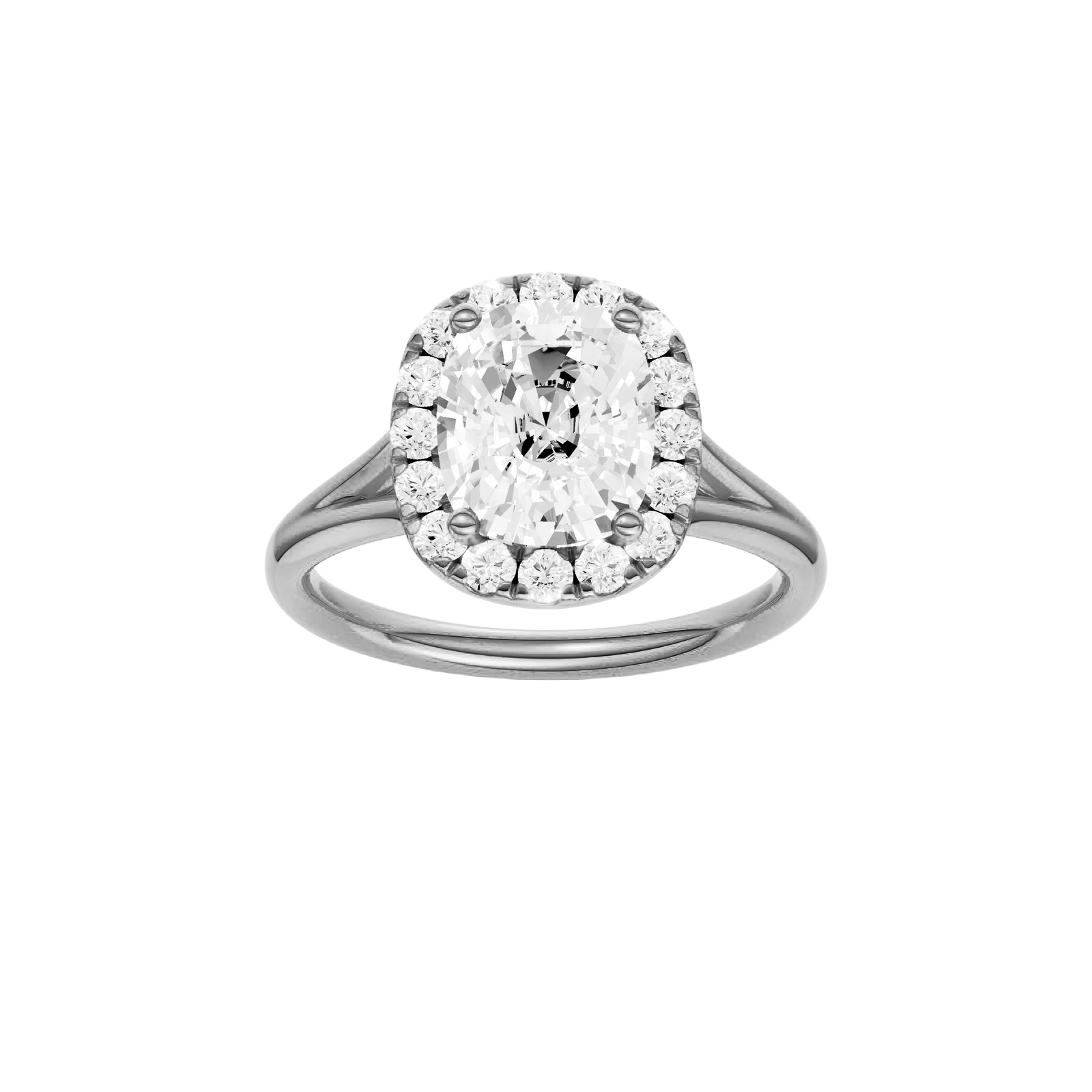 Elongated cushion-cut diamond engagement ring with a plain band and halo setting.