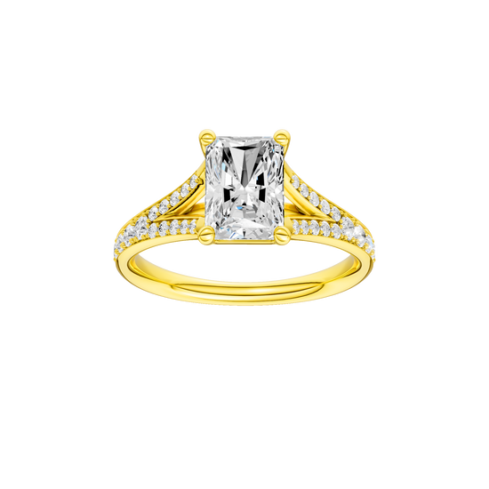 Radiant-cut diamond engagement ring with a channel-set diamond band and solitaire setting.