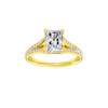 Radiant-cut diamond engagement ring with a channel-set diamond band and solitaire setting.