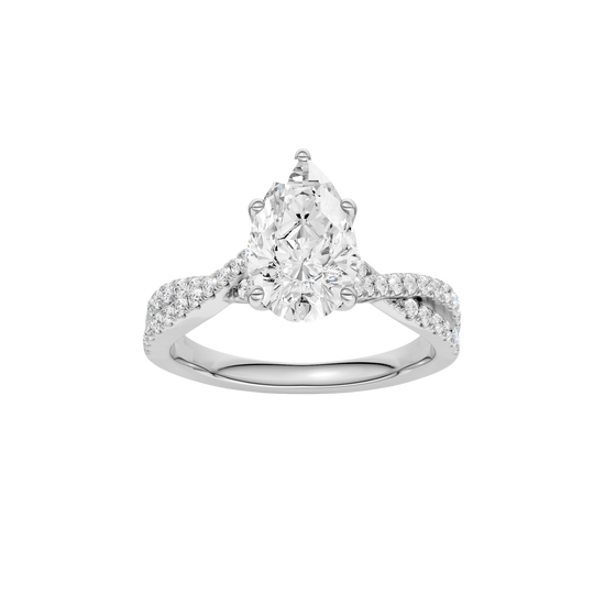 Pear-cut diamond engagement ring in 14k white gold with a prong-set diamond band and twist setting