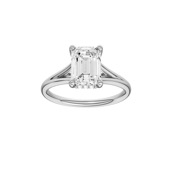 Emerald-cut diamond engagement ring with a plain band and hidden-halo setting.