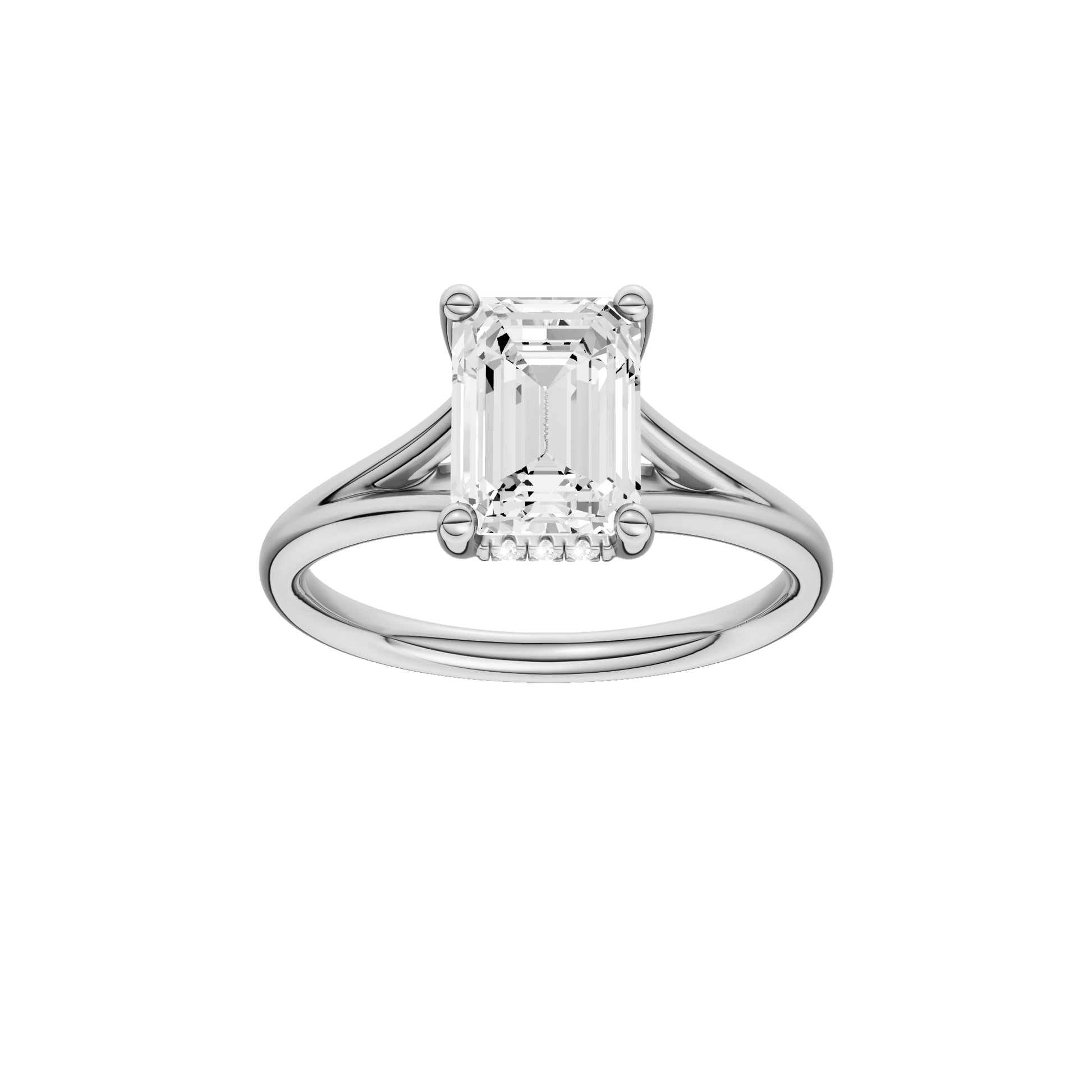 Emerald-cut diamond engagement ring with a plain band and hidden-halo setting.