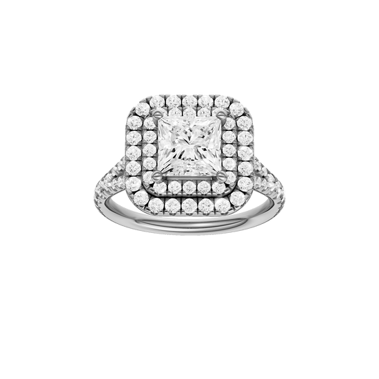 Princess-cut diamond engagement ring with a prong-set diamond band and double-halo setting.