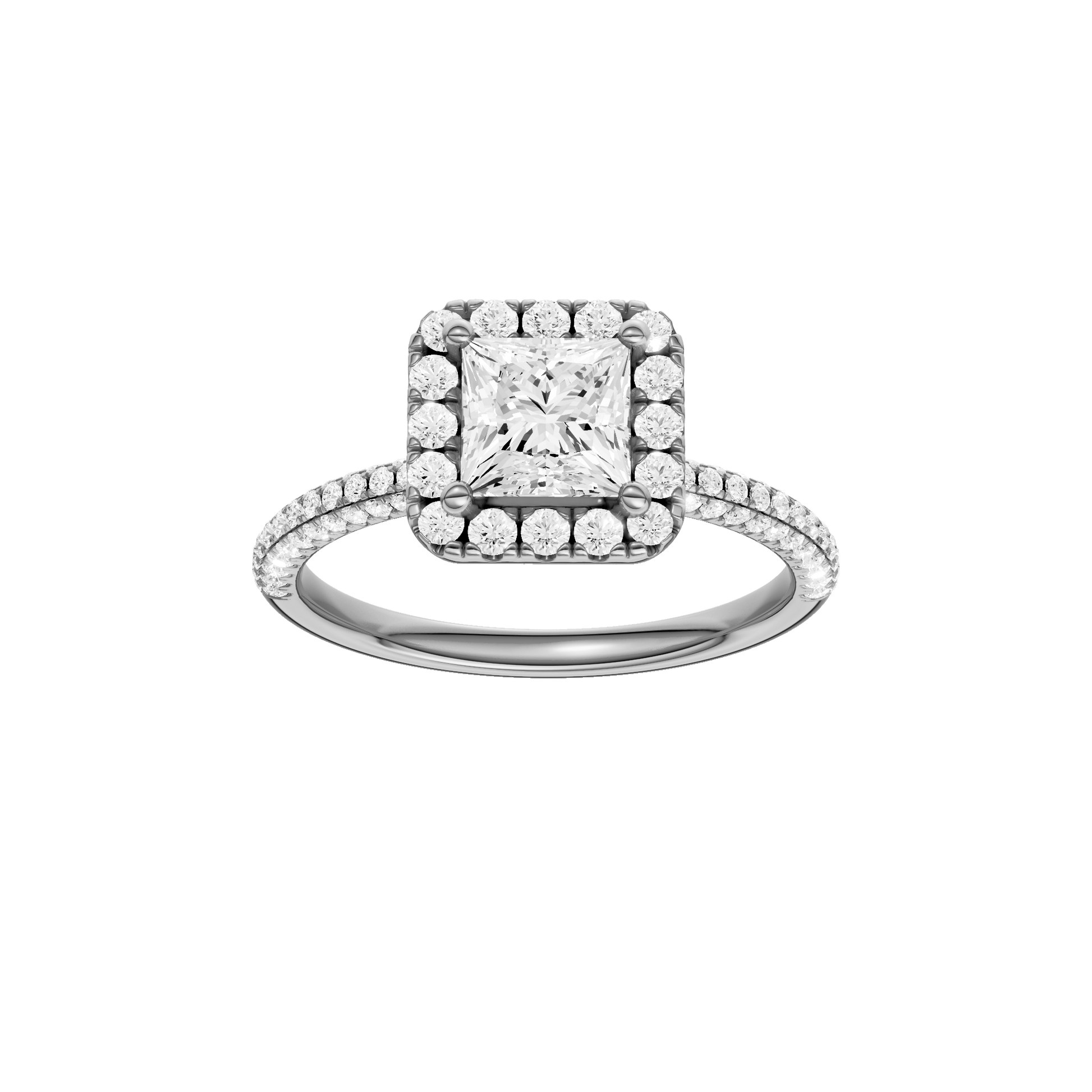 Princess-cut diamond engagement ring with a pavé-set diamond band and halo setting.