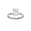 Oval-cut diamond engagement ring with a channel-set diamond band and hidden-halo setting.