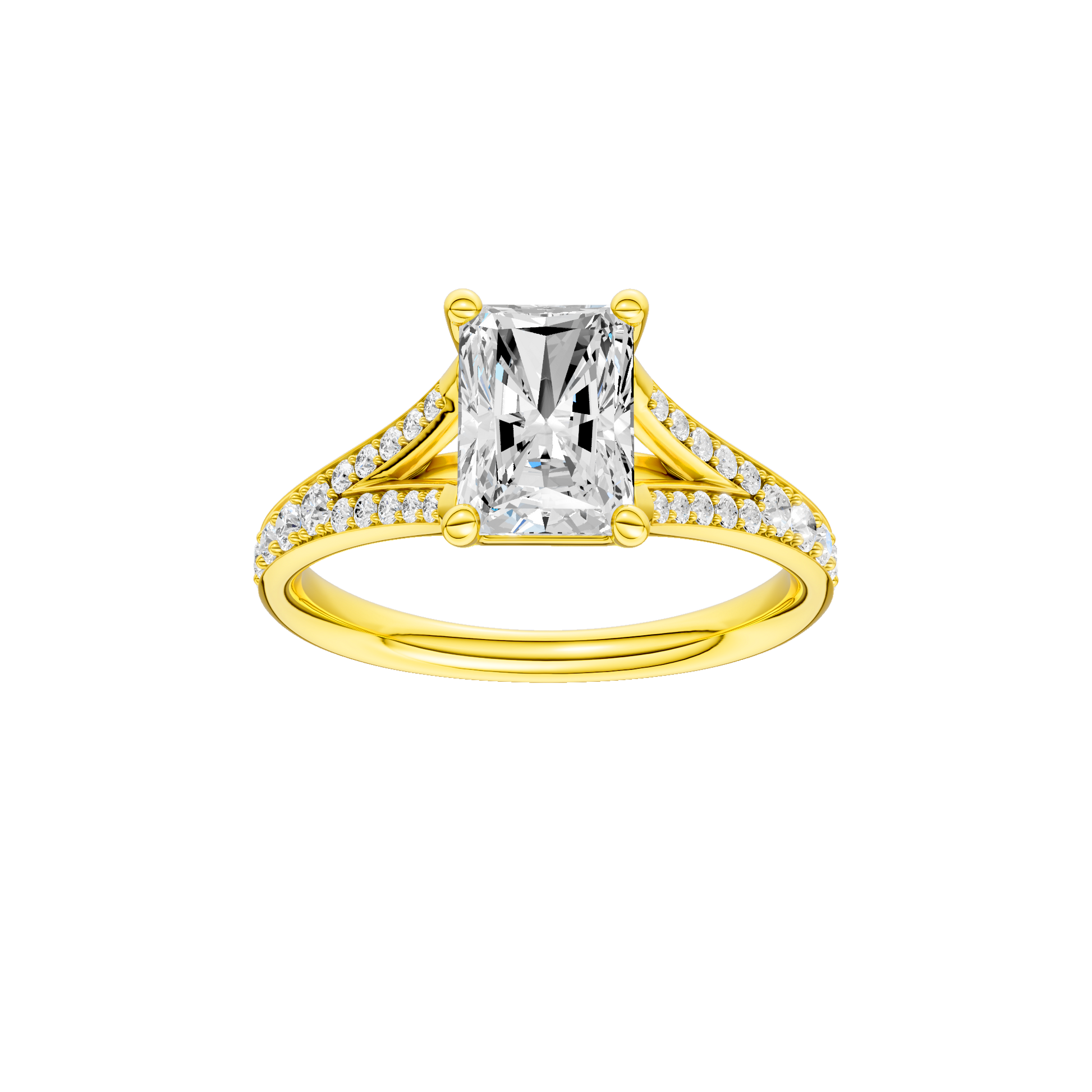 Radiant-cut diamond engagement ring with a channel-set diamond band and solitaire setting.