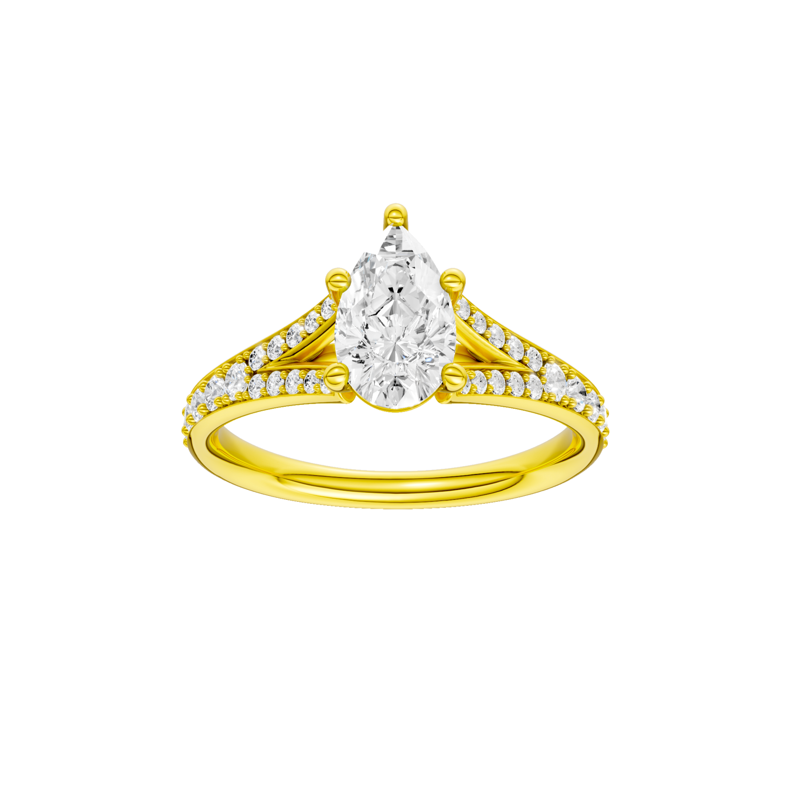 Pear-cut diamond engagement ring with a channel-set diamond band and solitaire setting.