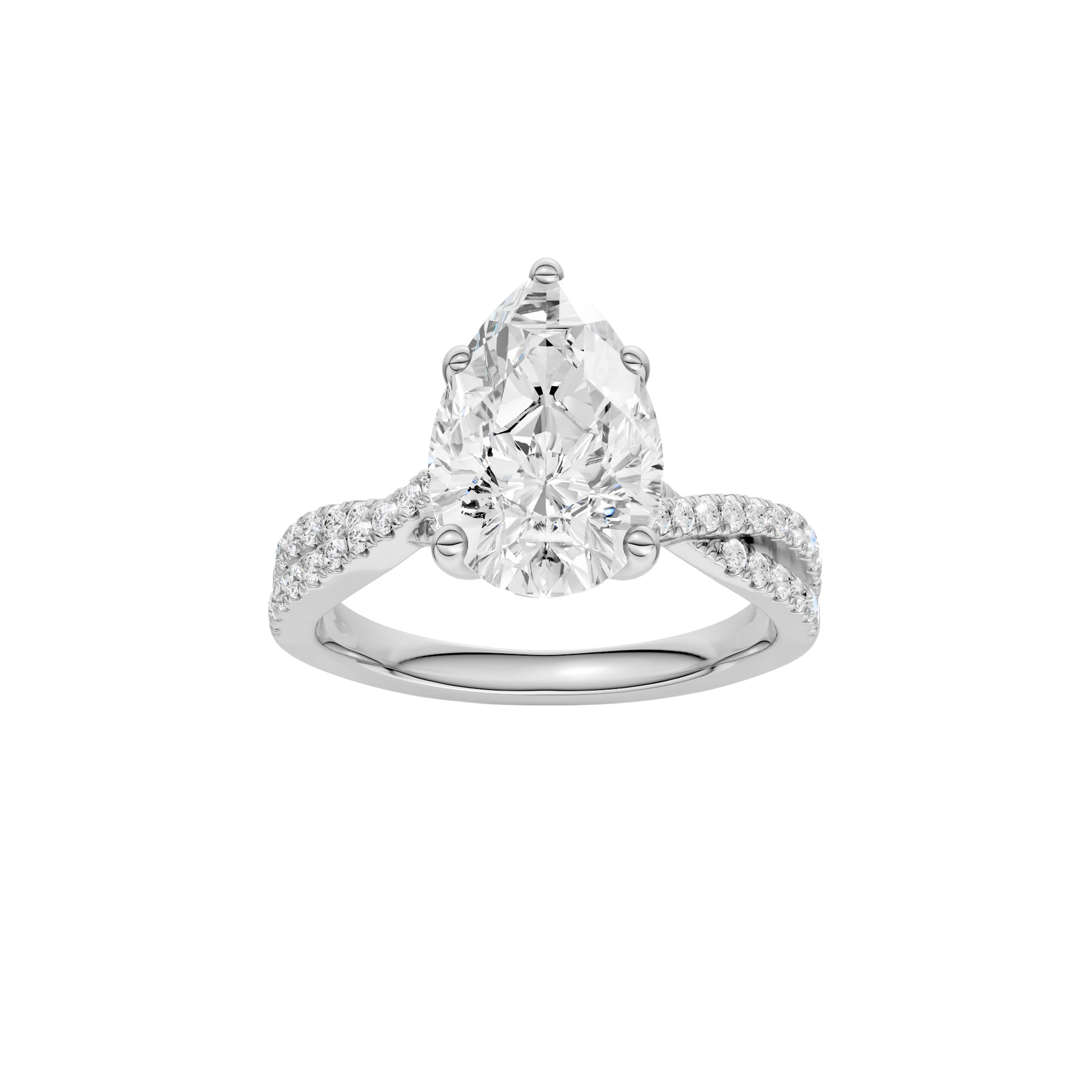 Pear-cut diamond engagement ring in 14k white gold with a prong-set diamond band and twist setting