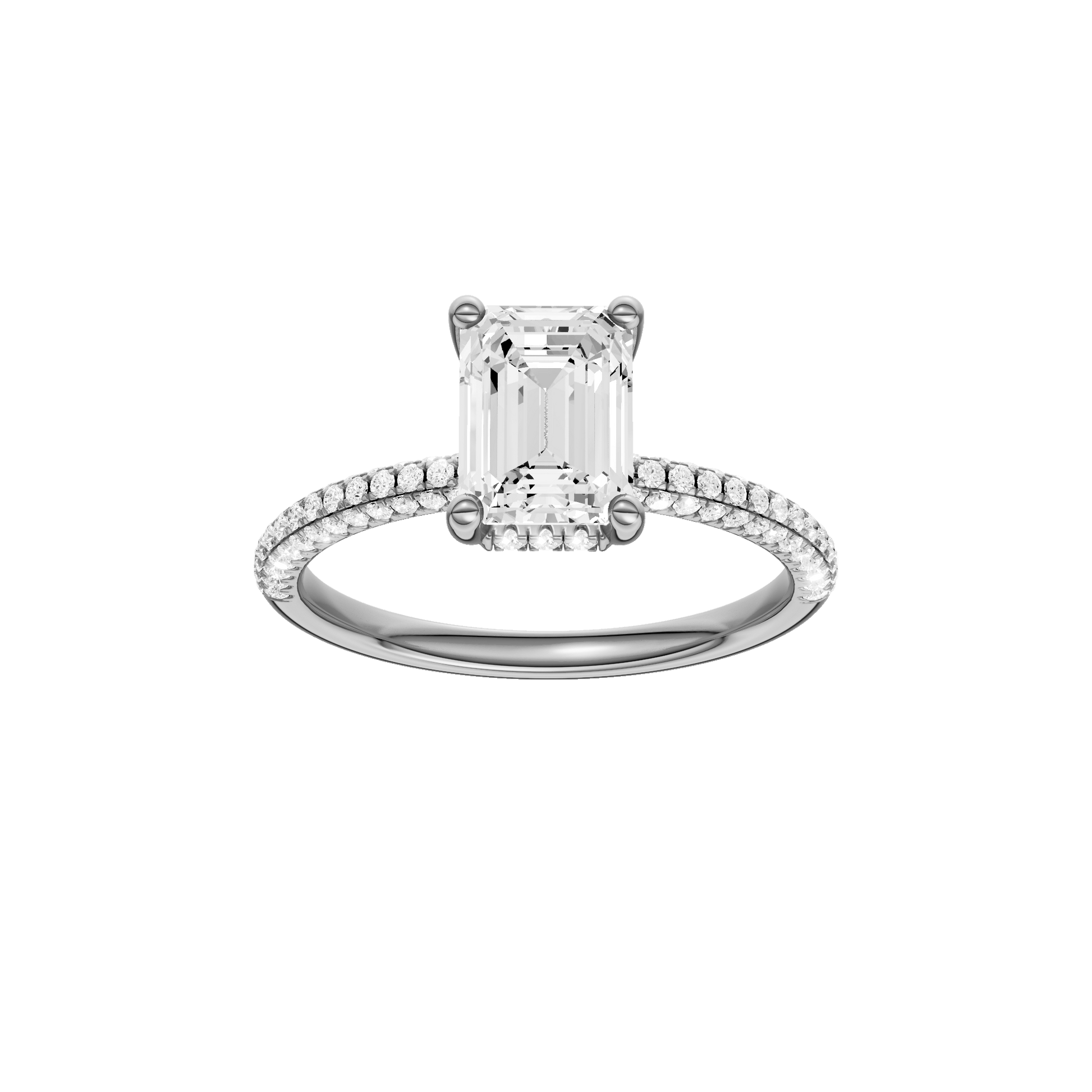 Emerald-cut diamond engagement ring with a pavé-set diamond band and hidden-halo setting.