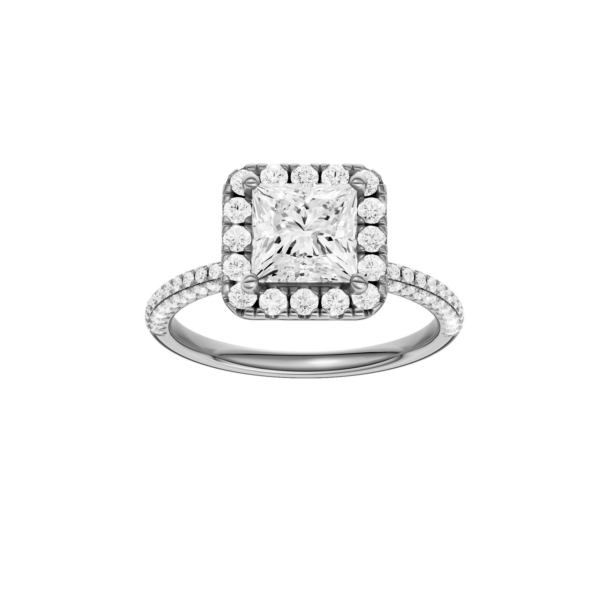 Princess-cut diamond engagement ring with a pavé-set diamond band and halo setting.