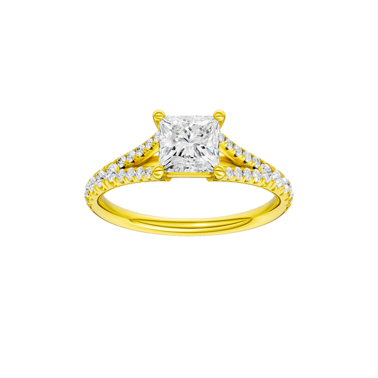 Emerald-cut diamond engagement ring with a prong-set diamond band and solitaire setting.