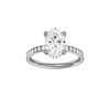 Oval-cut diamond engagement ring with a channel-set diamond band and hidden-halo setting.