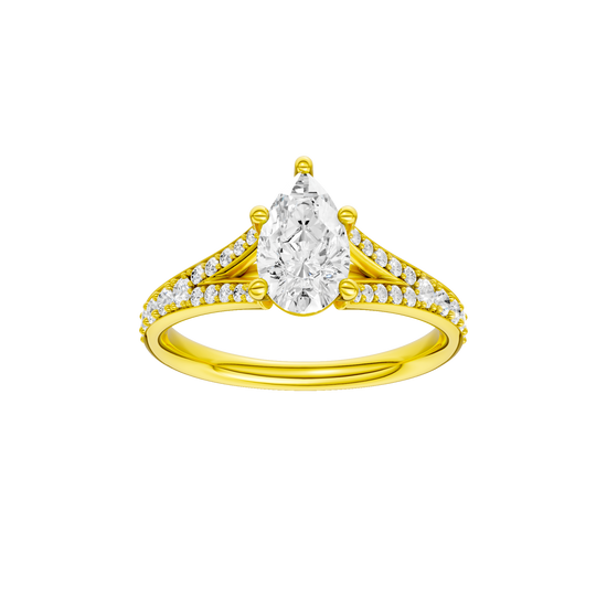 Pear-cut diamond engagement ring with a channel-set diamond band and solitaire setting.