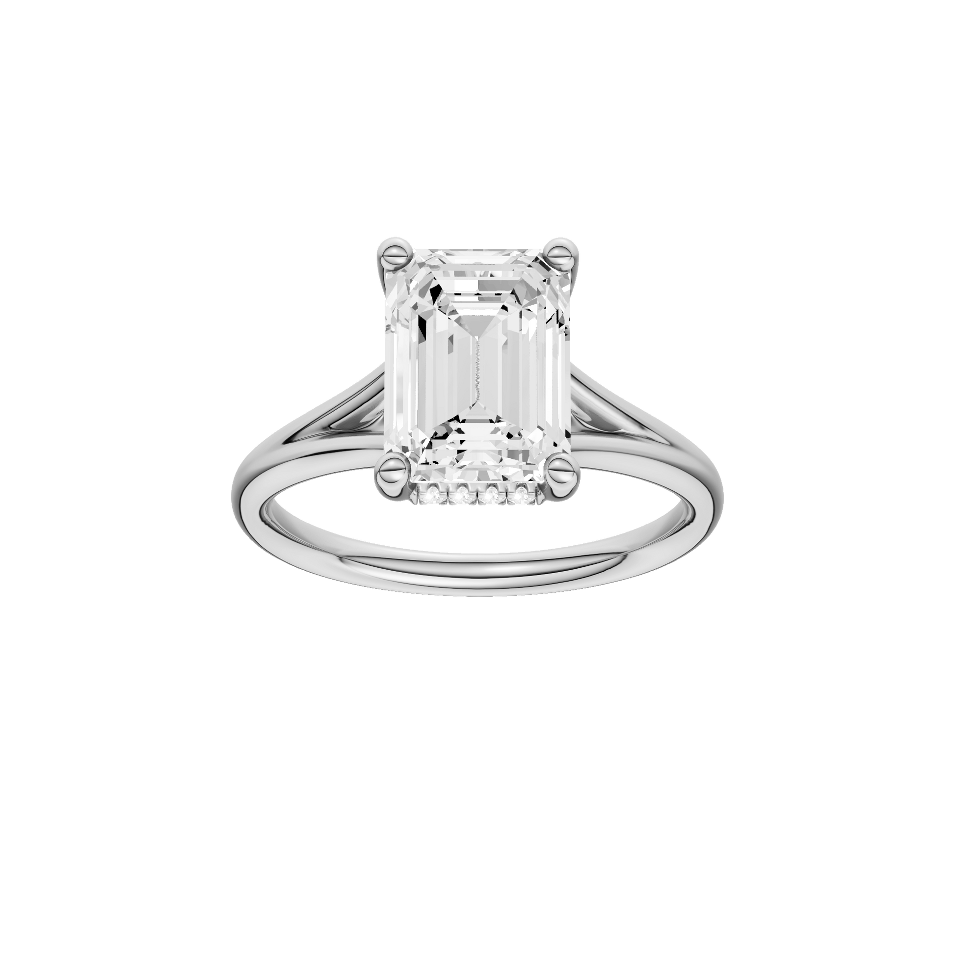 Emerald-cut diamond engagement ring with a plain band and hidden-halo setting.
