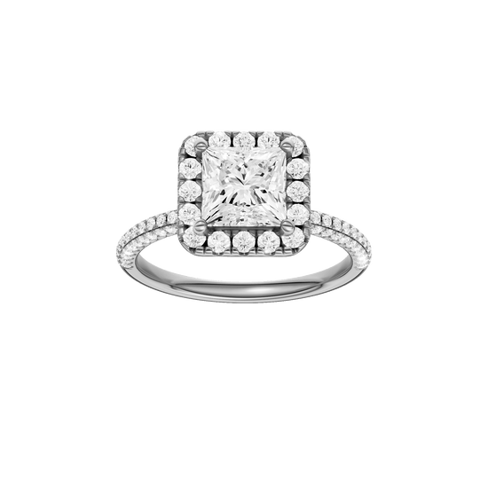 Princess-cut diamond engagement ring with a pavé-set diamond band and halo setting.