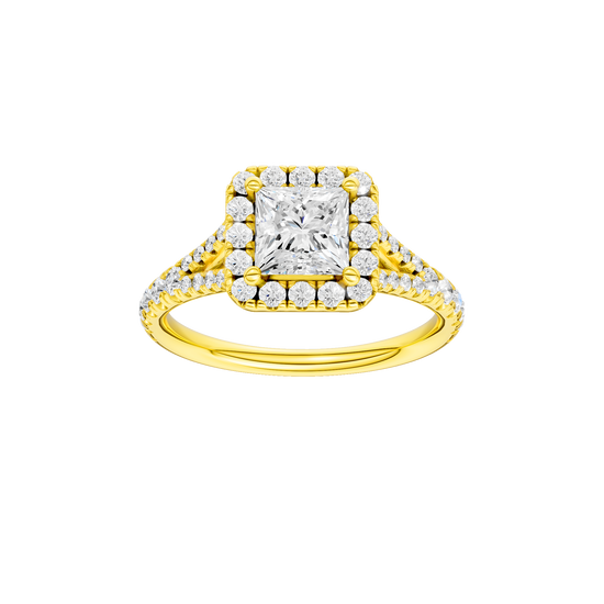 Princess-cut diamond engagement ring with a prong-set diamond band and halo setting.