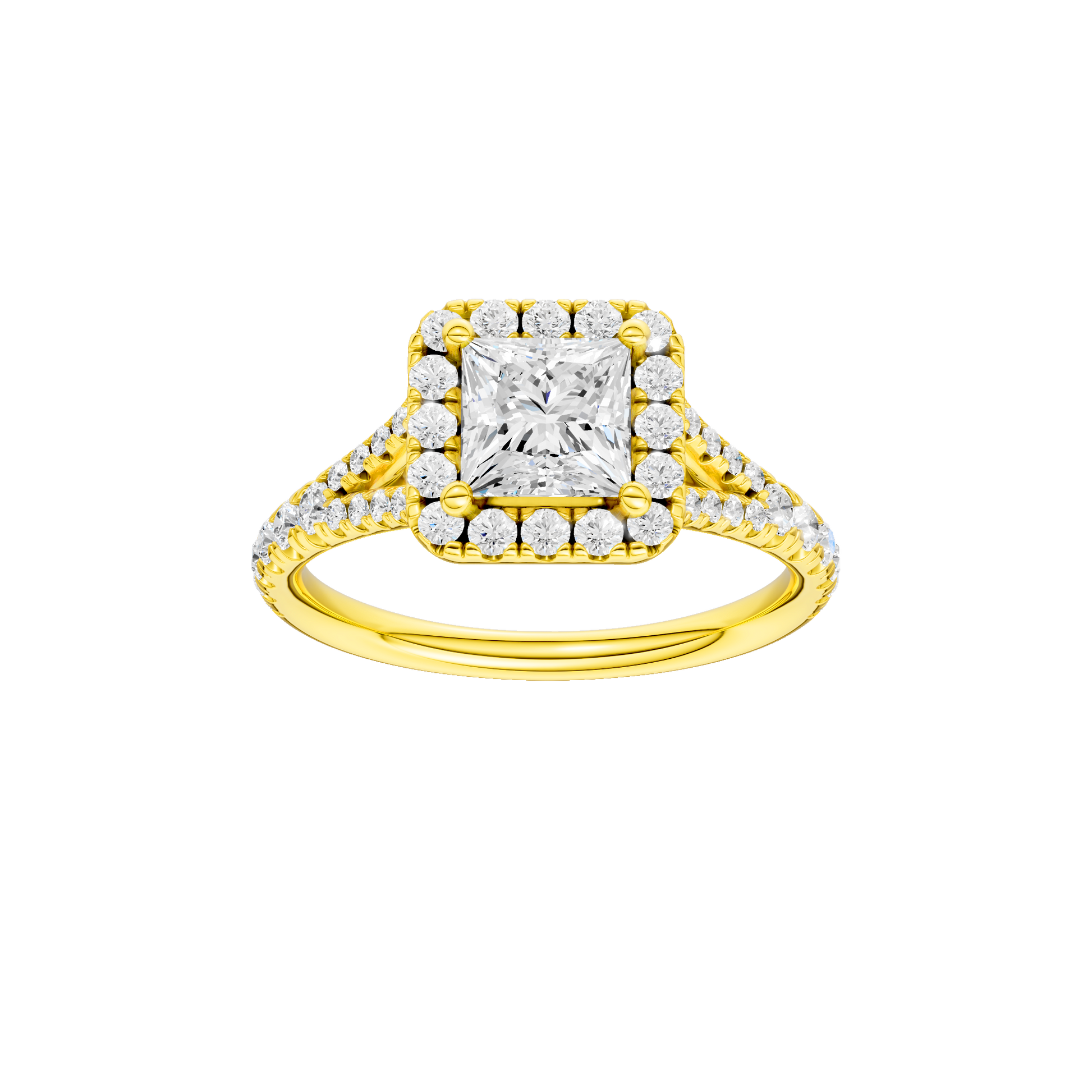 Princess-cut diamond engagement ring with a prong-set diamond band and halo setting.