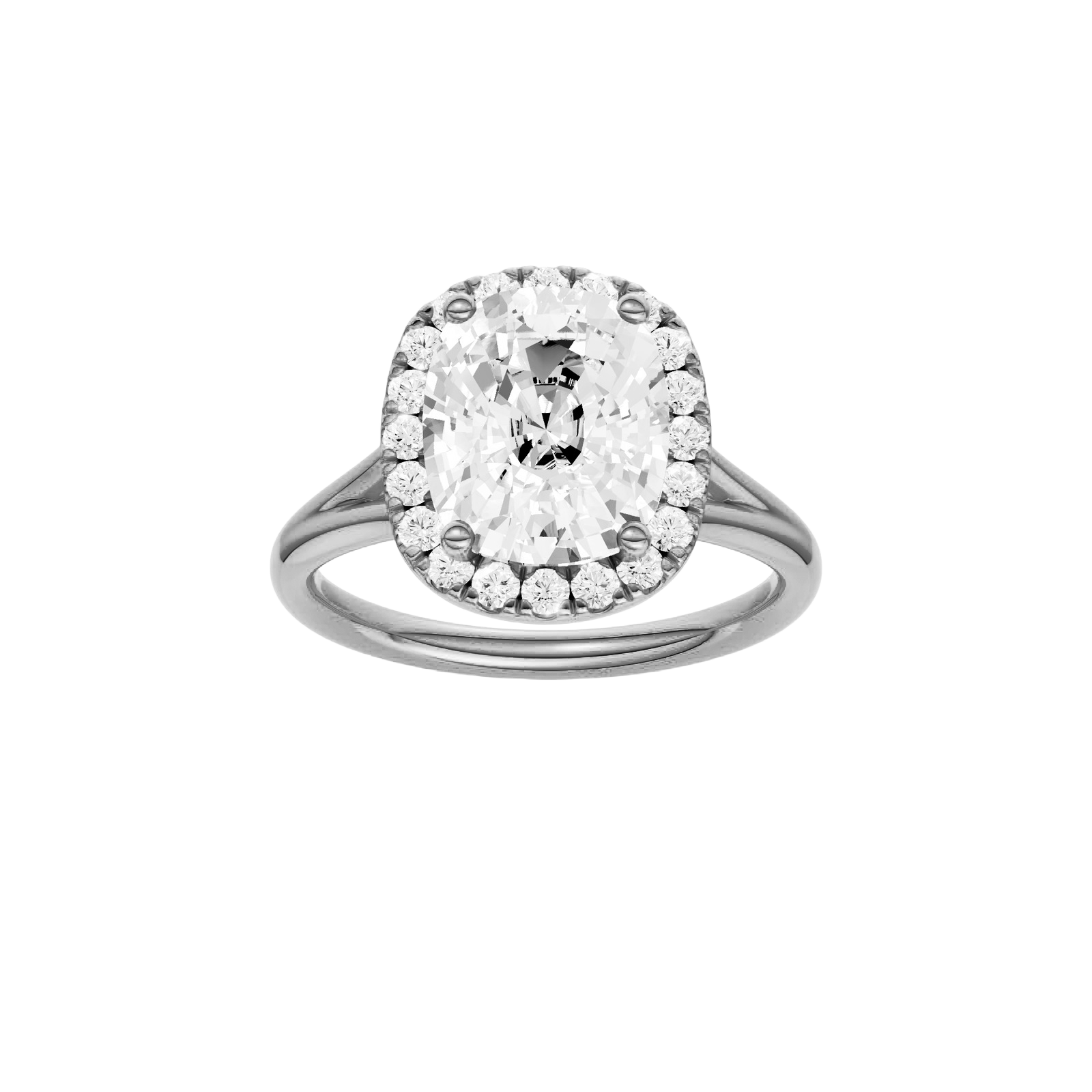 Elongated cushion-cut diamond engagement ring with a plain band and halo setting.