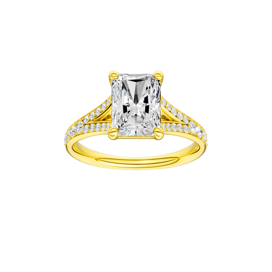 Radiant-cut diamond engagement ring with a channel-set diamond band and solitaire setting.