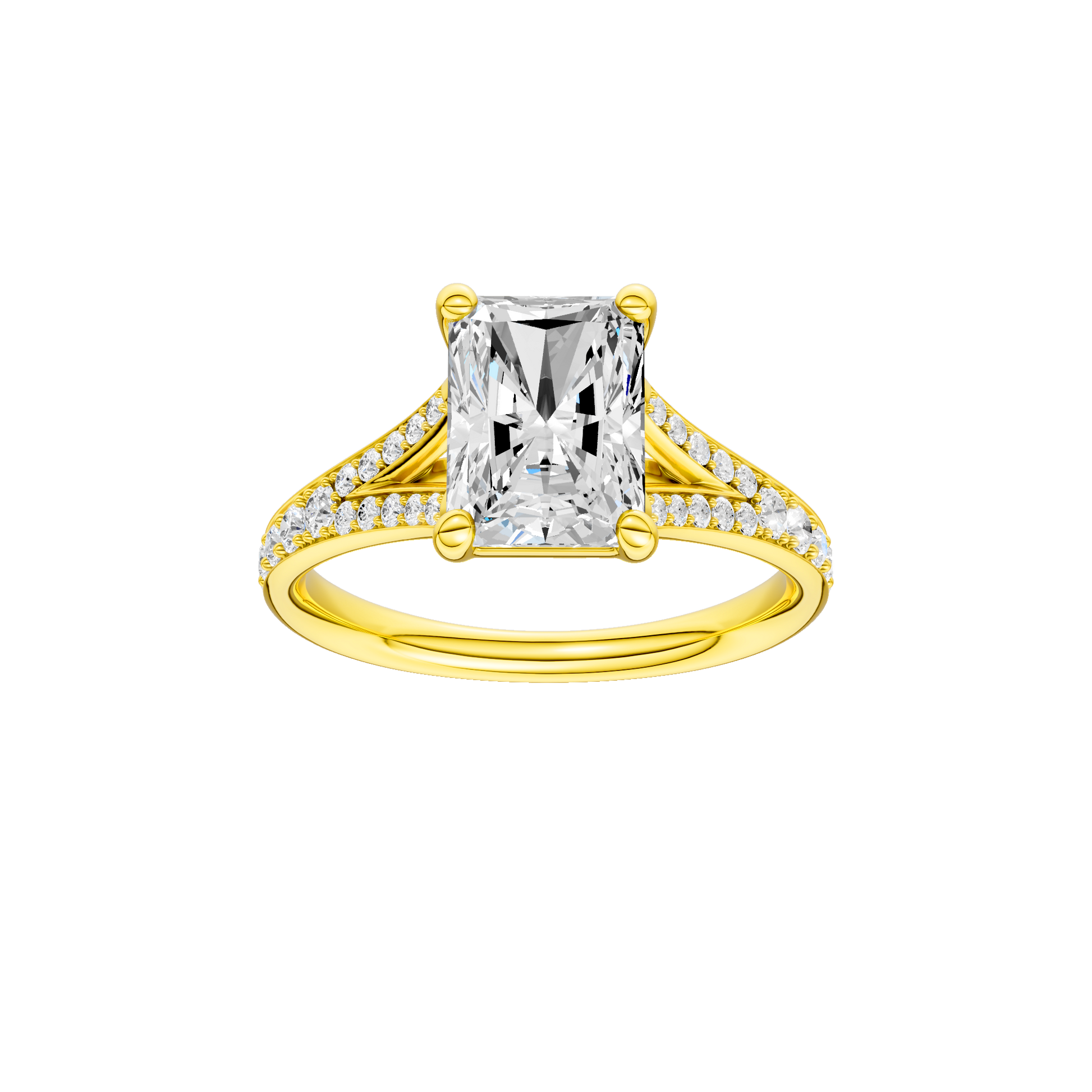 Radiant-cut diamond engagement ring with a channel-set diamond band and solitaire setting.