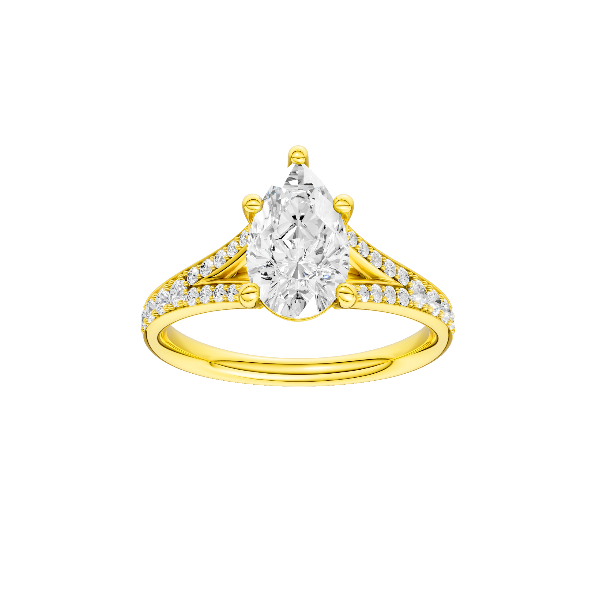 Pear-cut diamond engagement ring with a channel-set diamond band and solitaire setting.