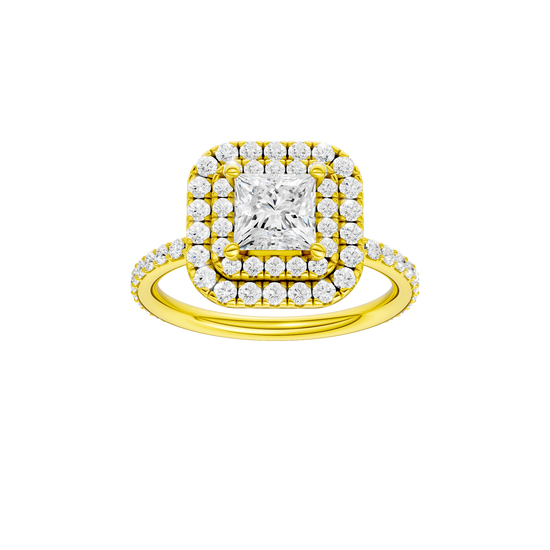 Princess-cut diamond engagement ring with a prong-set diamond band and double-halo setting.