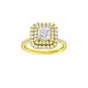 Princess-cut diamond engagement ring with a prong-set diamond band and double-halo setting.