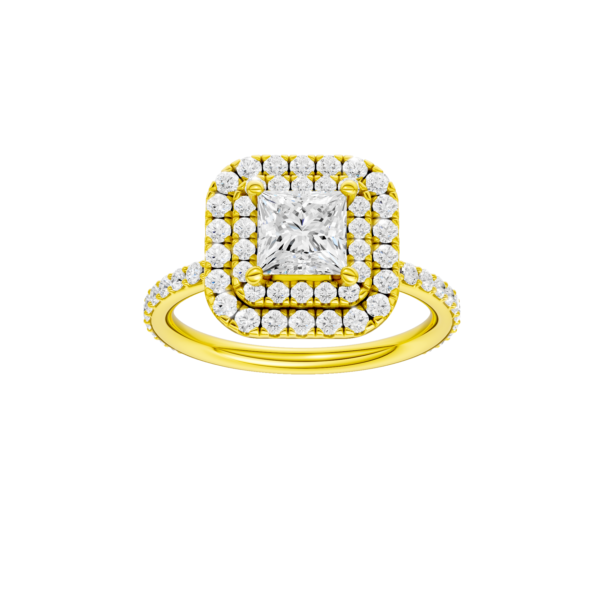 Princess-cut diamond engagement ring with a prong-set diamond band and double-halo setting.