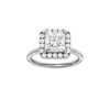 Princess-cut diamond engagement ring with a pavé-set diamond band and halo setting.