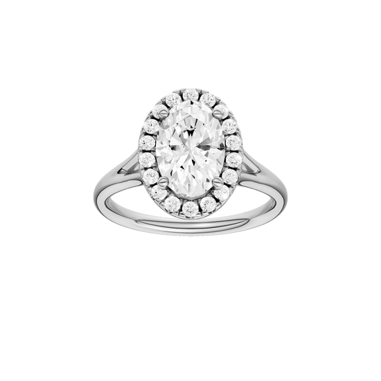 Oval-cut diamond engagement ring with a plain band and halo setting.