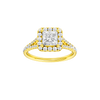Princess-cut diamond engagement ring with a prong-set diamond band and halo setting.